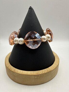Vintage Peach Crystal & Faux Pearl Stretch Bracelet Coquette Y2K